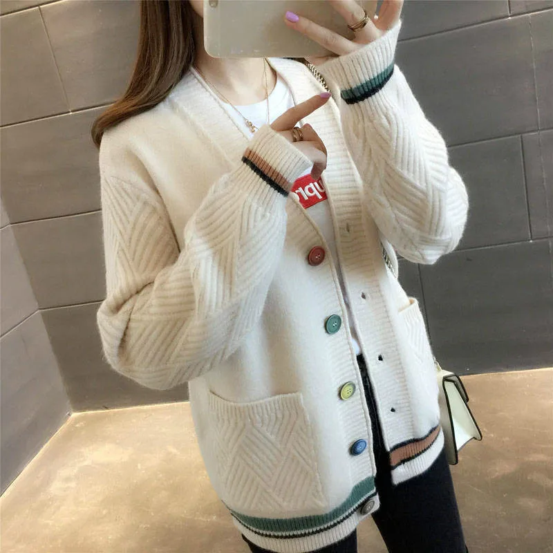 

Korean Plus Size Female Patchwork Cardigans V Neck Loose Preppy Style Knitted Sweaters Autumn Casual Wild Coat