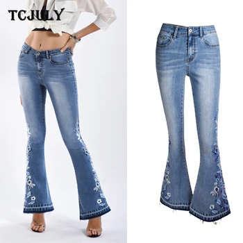 

TCJULY Plus Size Bleached Embroidered Flare Jeans Woman Skinny Push Up Washed Denim Pants Streetwear Slim Blue Bell Bottom Jeans