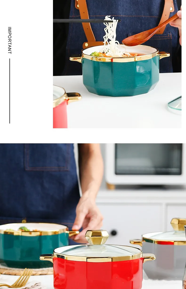 Gold Inray Instant Noodle Bowl Ceramic Nordic Eramic Ramen Bowl Large Soup Bowl Noodle Bowl Household Beef Noodle Bowl with Lid