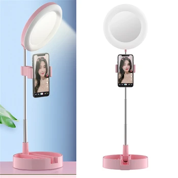

Foldable Live Fill Light Mobile Phone Video Photography Selfie Ring Light with 2 Clips Height Adjustable 64 Lamp Beads Ring-lamp