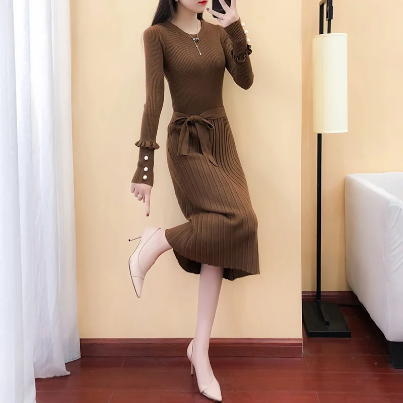 Spring autumn and winter new solid color women's Korean version knit of the round neck high waist fashion slim long beaded dress | Женская