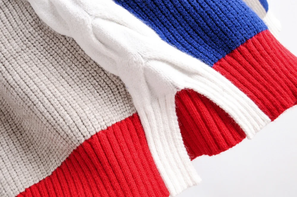Fashion Za Women Sweater Winter Patchwork V-Neck Casual Long Sleeve Loose Knit Pullovers Sweaters Jumper Ladies Tops
