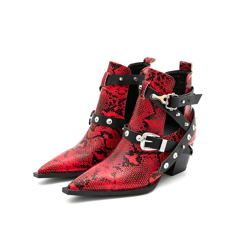

Spring Autumn Women Shoes Retro High Heel Ankle Boots Female Block Mid Heels Casual Snake Botas Mujer Booties Feminina Size 43