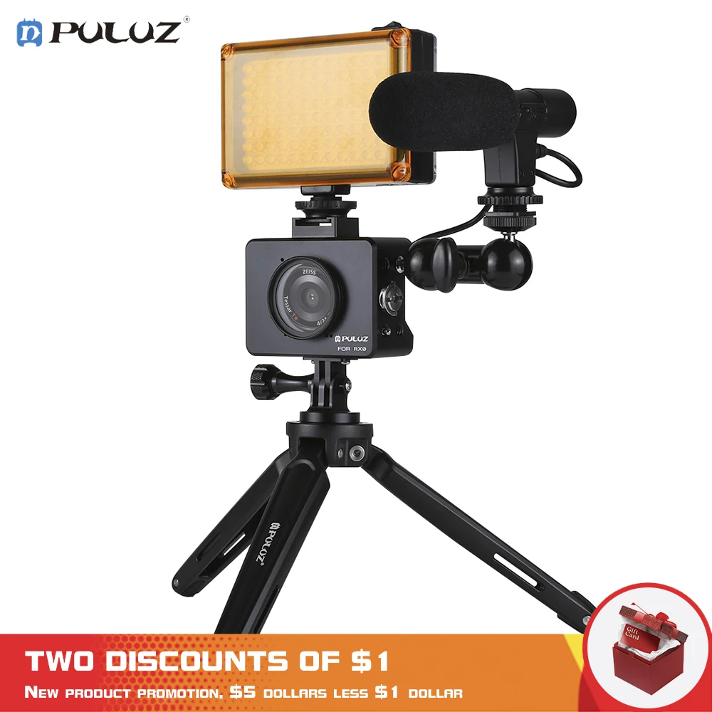 

PULUZ for Sony RX0 Housing Shell Aluminum Cage+Swivel Ball Head Magic Arm+Desktop Tripod Mount+Photo Studio Light+Microphone Kit