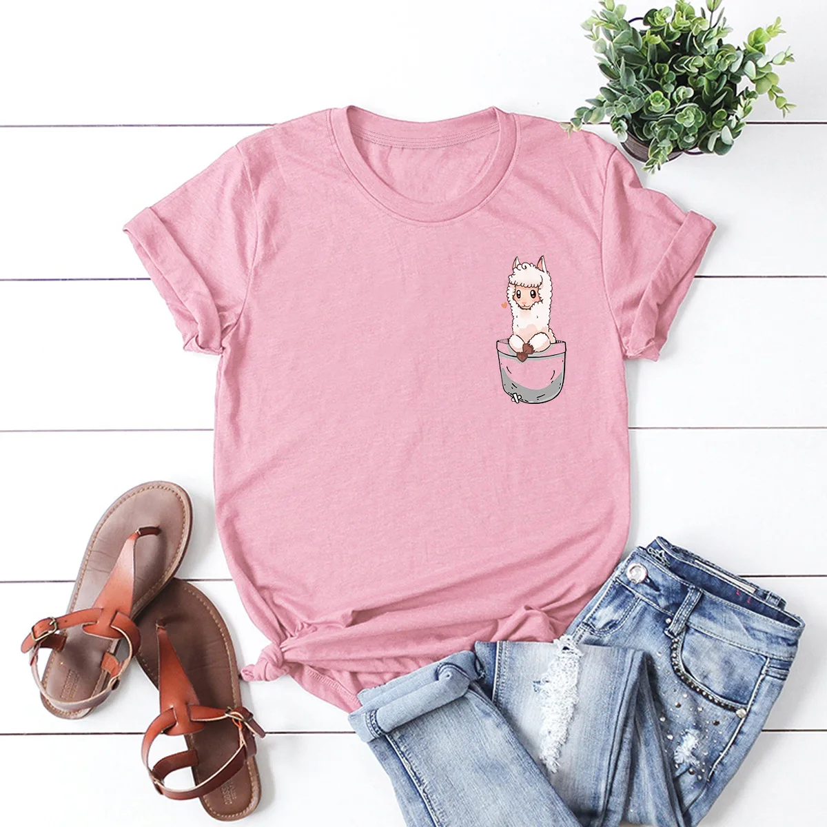 Женская хлопковая Футболка с карманом и принтом альпаки; футболка с короткими рукавами; женские повседневные топы; Забавные футболки; Camisetas - Цвет: Розовый