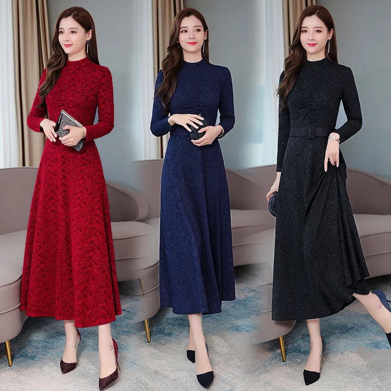 

Autumn New Temperament High Waist Slim Fashion Classic Long Dress Long Sleeve Winter Dress Green Purple Red Navy Clothing
