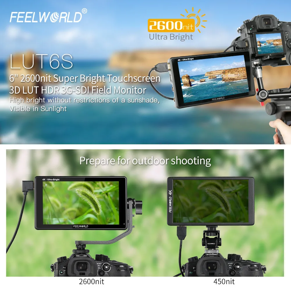 FEELWORLD LUT6S LUT6 Inch Camera Field Monitor 2600nits HDR/3D LUT Touch Screen 3G-SDI 4K HDMI DSLR Wave