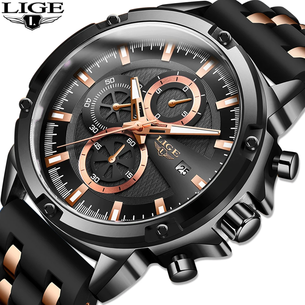 LIGE Casual Sport Watch Men Black Top Brand Luxury Military Silicagel WristWatch Man Clock Fashion Chronograph Relogio Masculino | Наручные