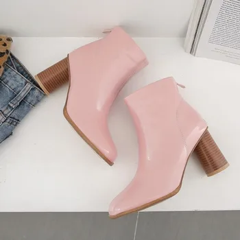 

Patent Leather Autumn Winter Simple Women Boots Square Toe European Ladies Shoes Martin Boots Elegant High Heel Ankle Boots