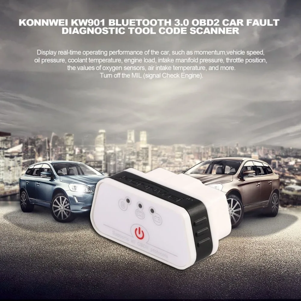 Konnwei KW901 ELM327 OBD2 интерфейс автомобильный диагностический инструмент Bluetooth 3,0 автоматический OBDII Автомобильный диагностический инструмент код сканер