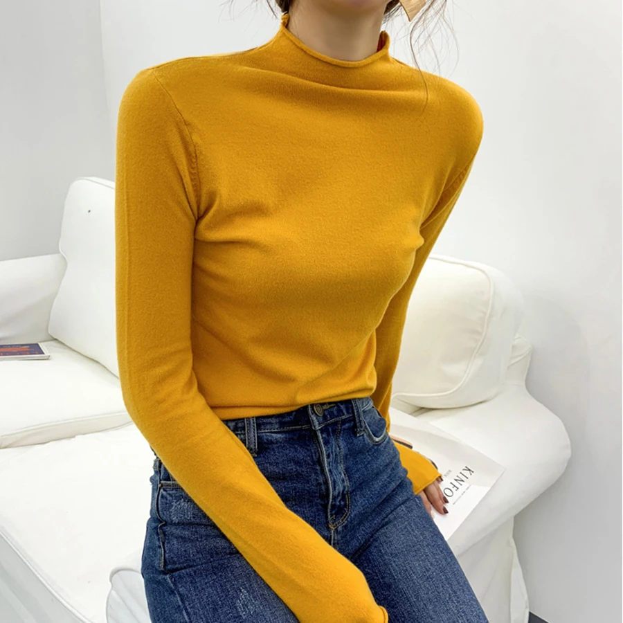 Solid Turtleneck Slim Knitted Sweater Women Winter Warm Wild Long Sleeve Bottoming Tops Fashion Elegant Knit Pullovers Sweater