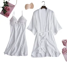 Весенне-осенние пижамы, женская тонкая ночная рубашка из искусственного шелка, ночная рубашка с ремнем на шее, халат для отдыха, повседневный комплект для сна из 2 предметов