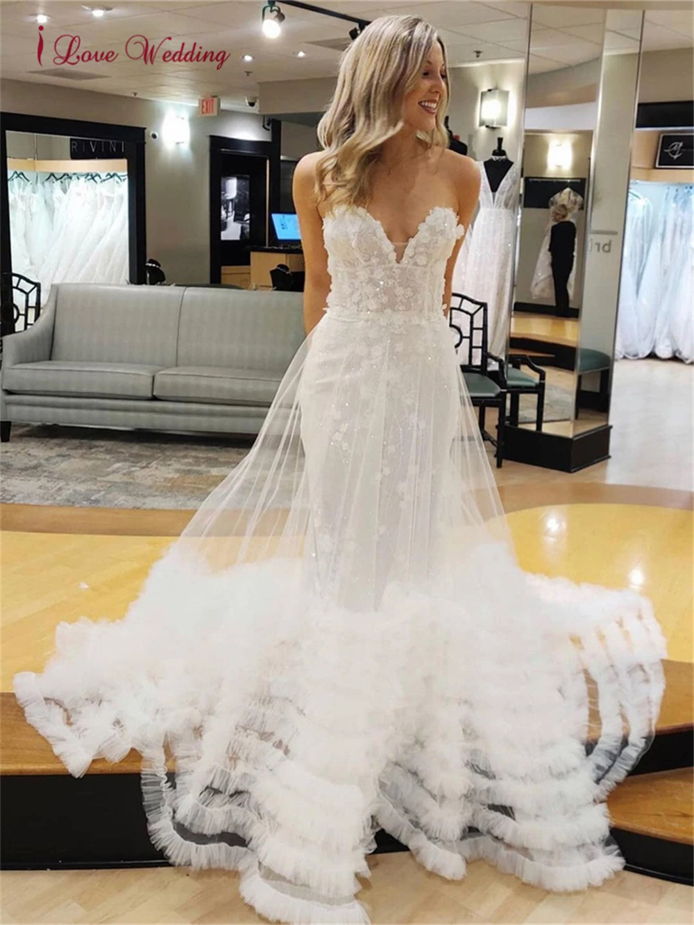 

Vestidos De Novia 3D Floral Applique Pattern Sweetheart Mesh Tulle Pleated Teried Sheer Bridal Wedding Dress Bohemia Women 2021