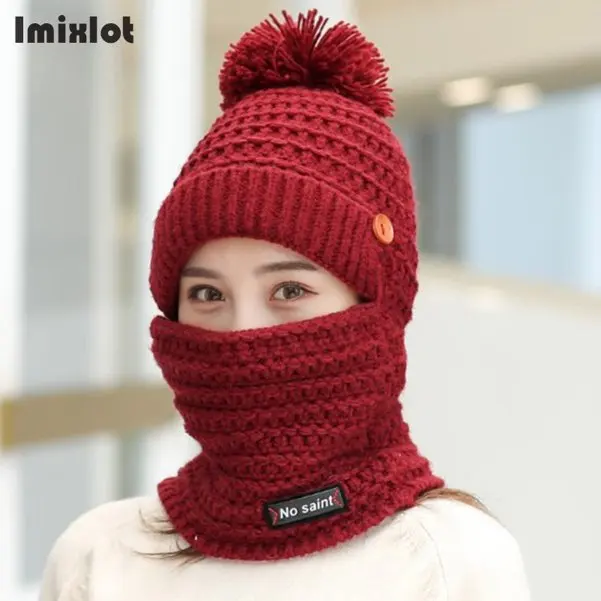 Wine Red Зимние вязаные шапочки шапки женские толстые теплые шапочки Skullies шапка женская помпон Кнопка капот Шапочки Шапки уличные наборы для езды на велосипеде - Цвет: Wine Red
