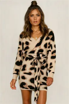 

Womens Dress 2020 New Spring Autumn Long Sleeve V neck Lace-Up Leopard Print Elegant Sexy Dress Mini Dresses Femme Vestidos
