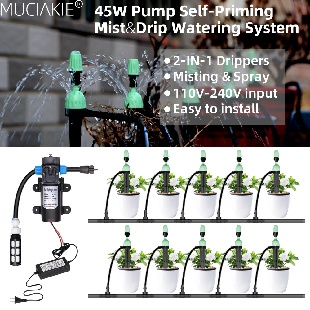 

MUCIAKIE 45W Pump Self-Priming Mist & Drip 2-IN-1 Watering System 100-240V Power Supply Garden Irrigation Spray Cooling Drippers
