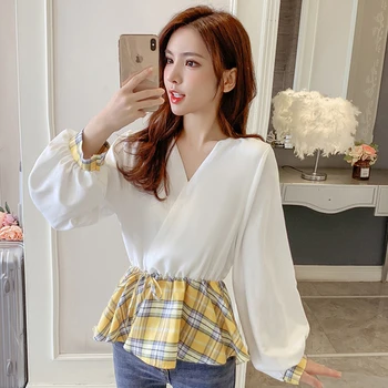 

Casual Brief New 2020 Plaid Camisa V Neck Patchwork Korean Blusas Mujer Fashion Loose Lantern Sleeve Women Tops