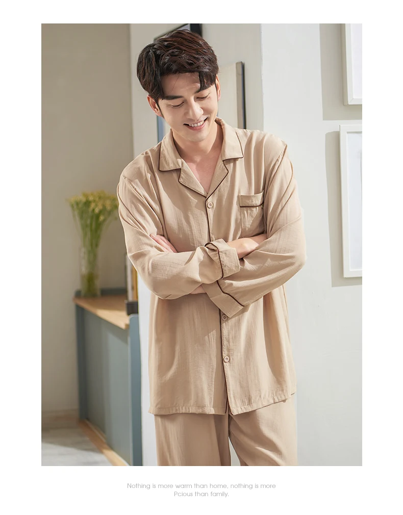 Men Woven Cotton Nightwear Suit Autumn Solid Color Long Sleeve Pajamas Casual Cardigan Homewear Plus Size M-3XL Pijama Hombre buffalo plaid pajama pants