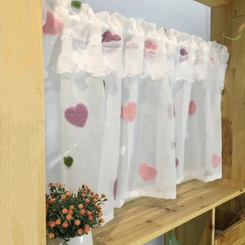

1 PCS Rod Pocket Half Curtain Cute Korean Pink Heart Embroidered Lace Tulle Short Curtain for Kitchen Cafe Small Window DLM057&3