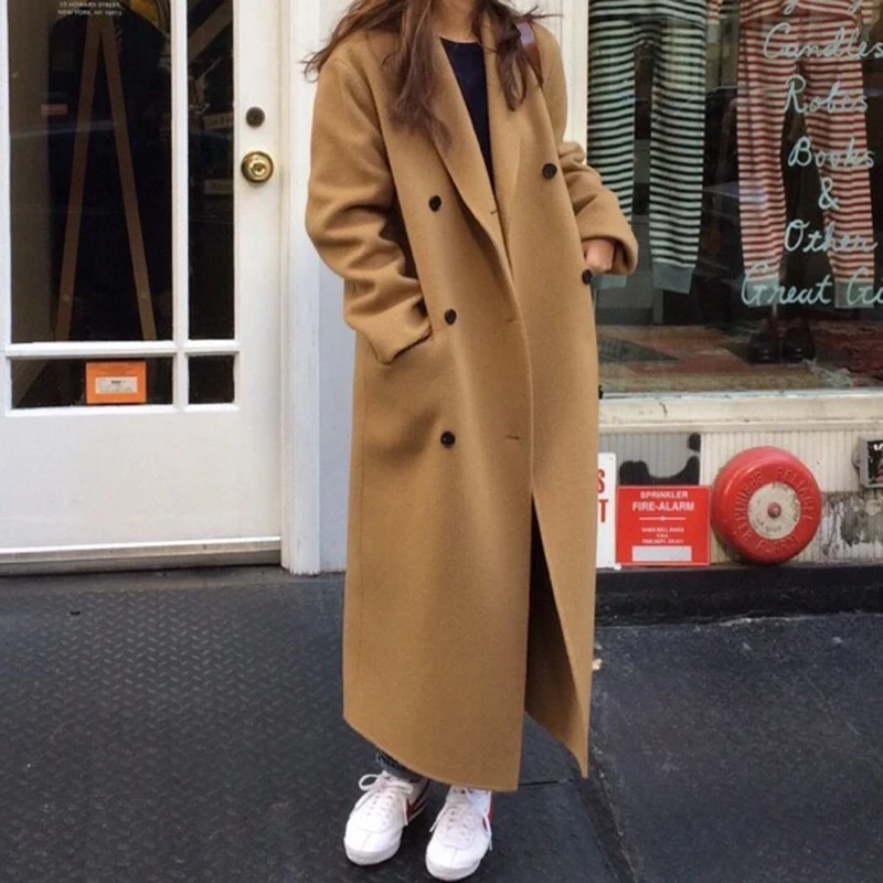 

Wool Coat Women Winter Retro Suit Collar Double-breasted Loose Cardigan Over The Knee Long Woolen Coat Overcoat