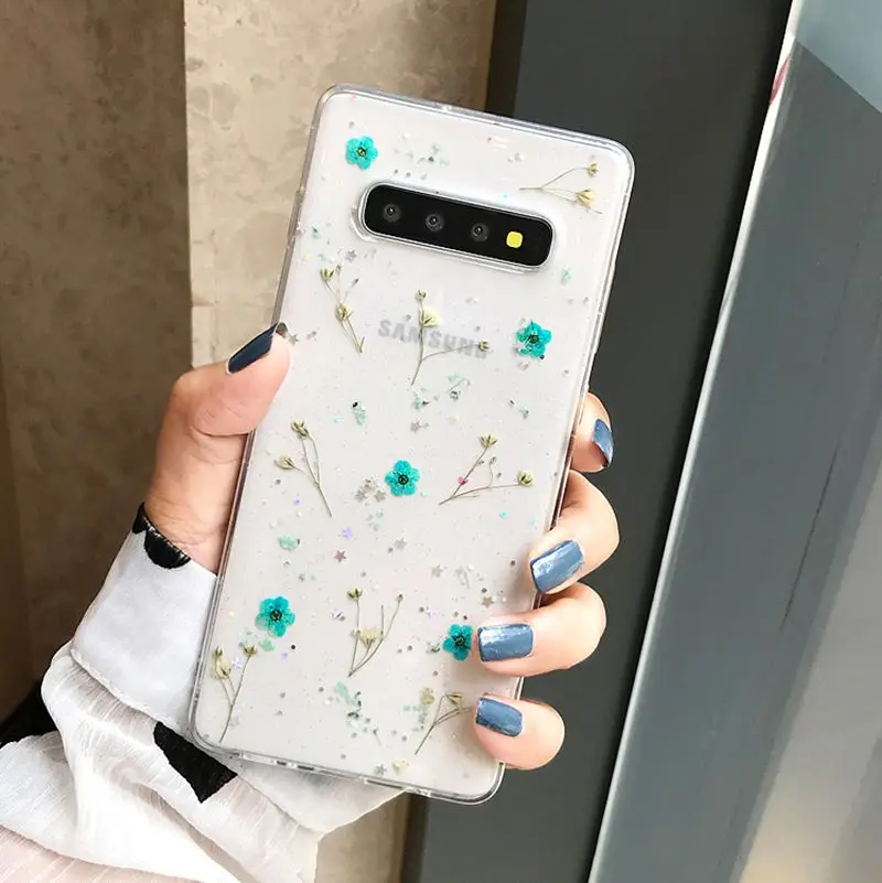BLUE DCHZIUAN настоящая трава цветок чехол для телефона samsung Galaxy S9 Plus S10 Plus S10 S9 модный прозрачный мягкий силиконовый чехол - Цвет: BLUE