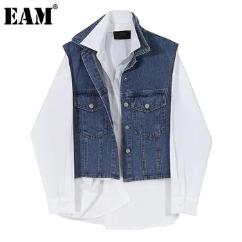 

[EAM] Women White Denim Split Big Size Blouse New Lapel Long Sleeve Loose Fit Shirt Fashion Tide Spring Autumn 2020 1DA970