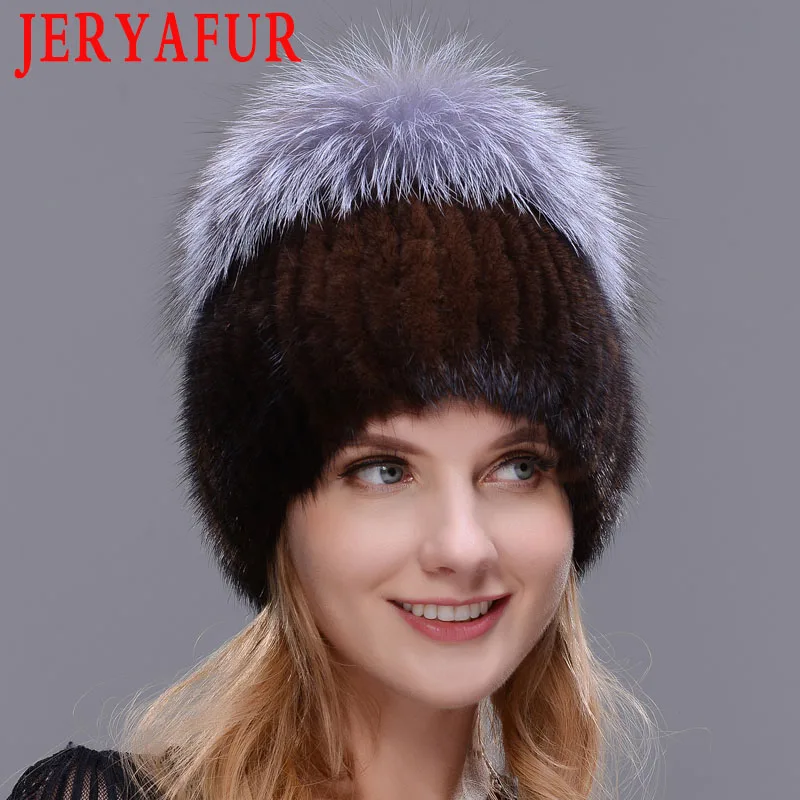COLOR2 JERYAFUR натуральная черно-бурая лиса меховая шапка женская натуральная норковая меховые зимние шапки для женщин розовые стразы Лоскутные разноцветные шапочки - Color: COLOR2