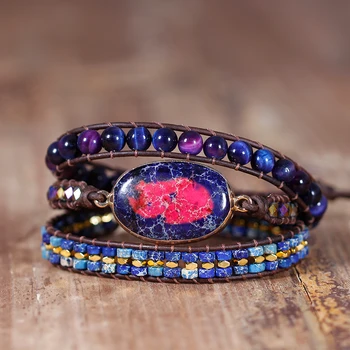 

Multi Strand Leather Wrap Bracelets BOHO Blue and red Stone Jaspers Beaded Bracelet Teengirls Bohemian Jewelry Bijoux Dropship