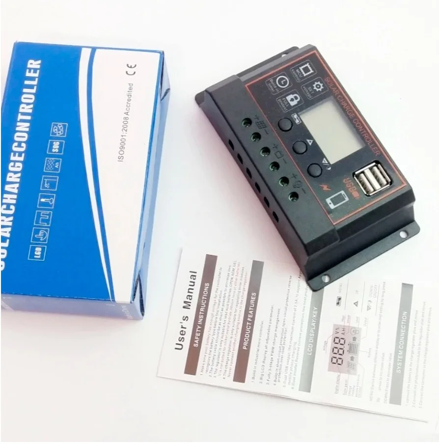 자동 태양광 충전 컨트롤러 PWM 듀얼 USB 출력 태양 전지 패널 충전기 레귤레이터, 12V 24V 전원 HD LCD 디스플레이, 10A, 20A, 30A