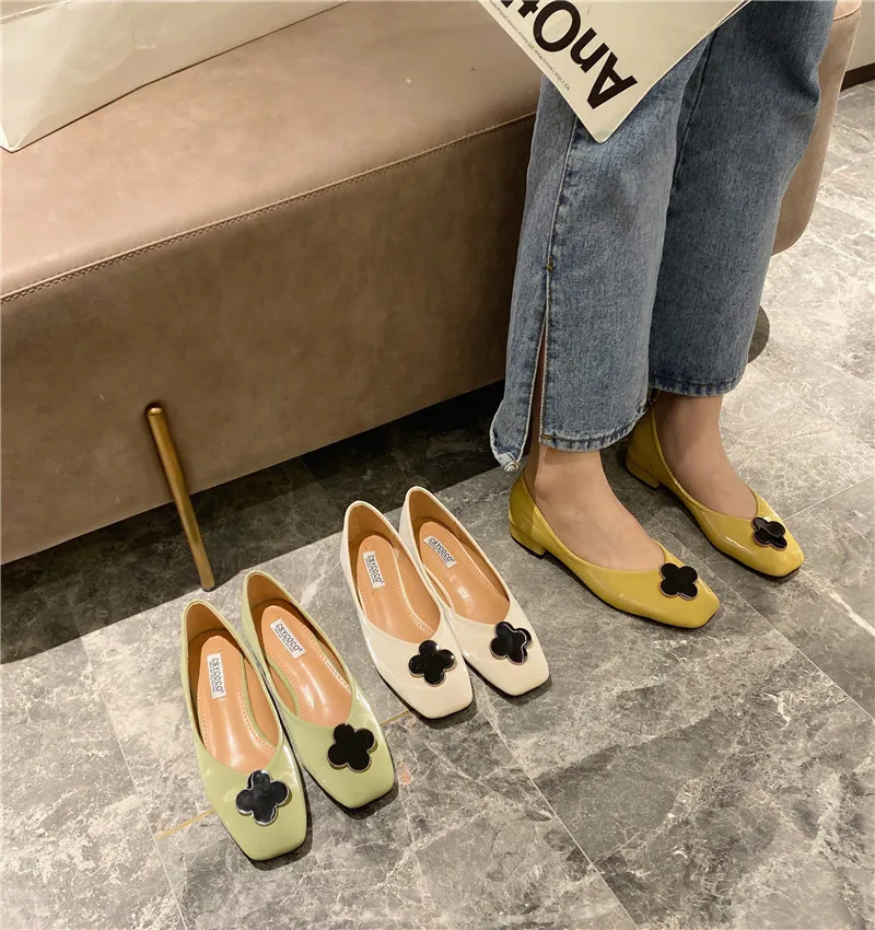 Metal decoration square toe flats brief low heels slip on moccasins casual comfy soft bottom loafers shallow leisure women shoes