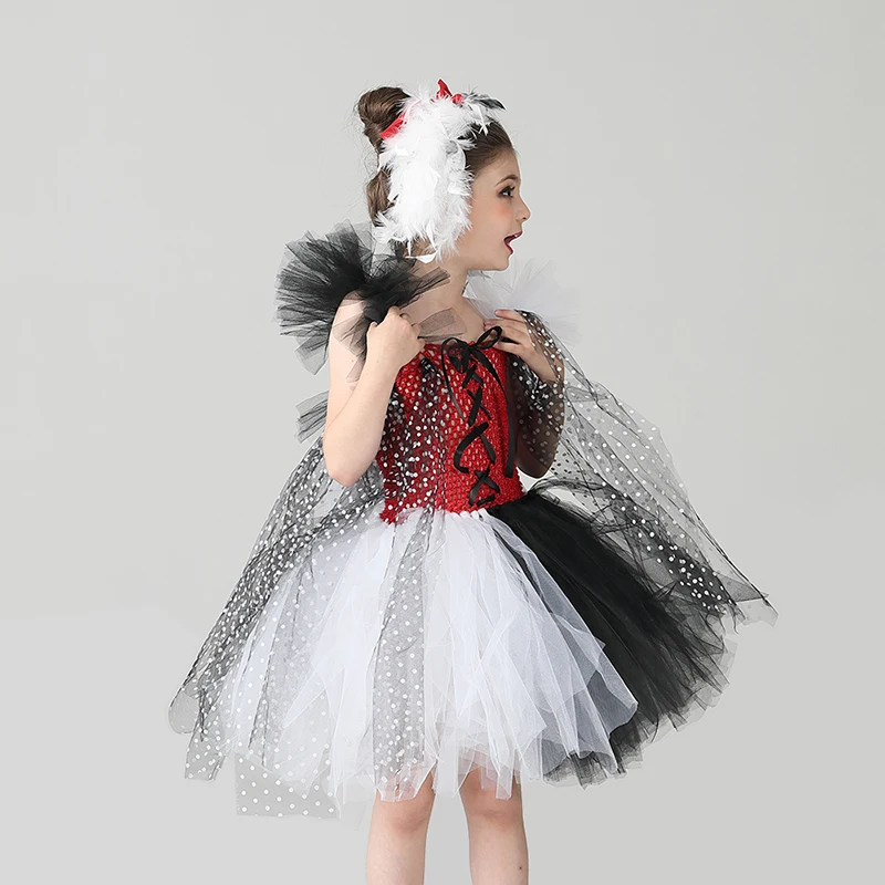 Cruella De Vil inspired Girls Tutu Dress with Headband Kids Dalmatians Villain Halloween Costume Polka Dot Children Party Dress (3)
