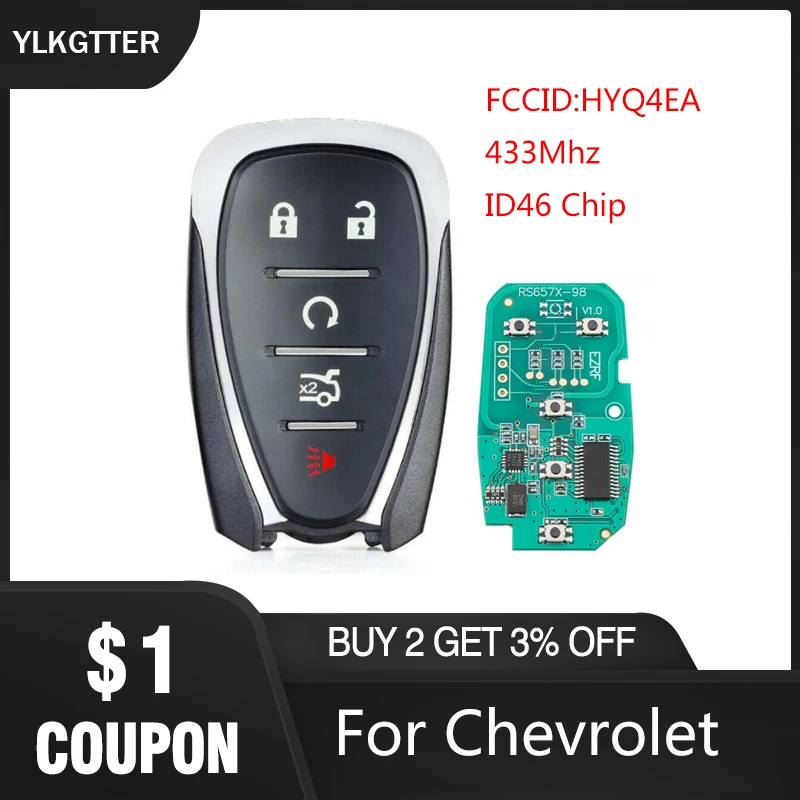 YLKGTTER 5 Buttons Car Remote Key Suit for Chevrolet Malibu Cruze Camaro with 433MHz ID46 Chip Control Alarm Fob FCCID:HYQ4EA | Автомобили