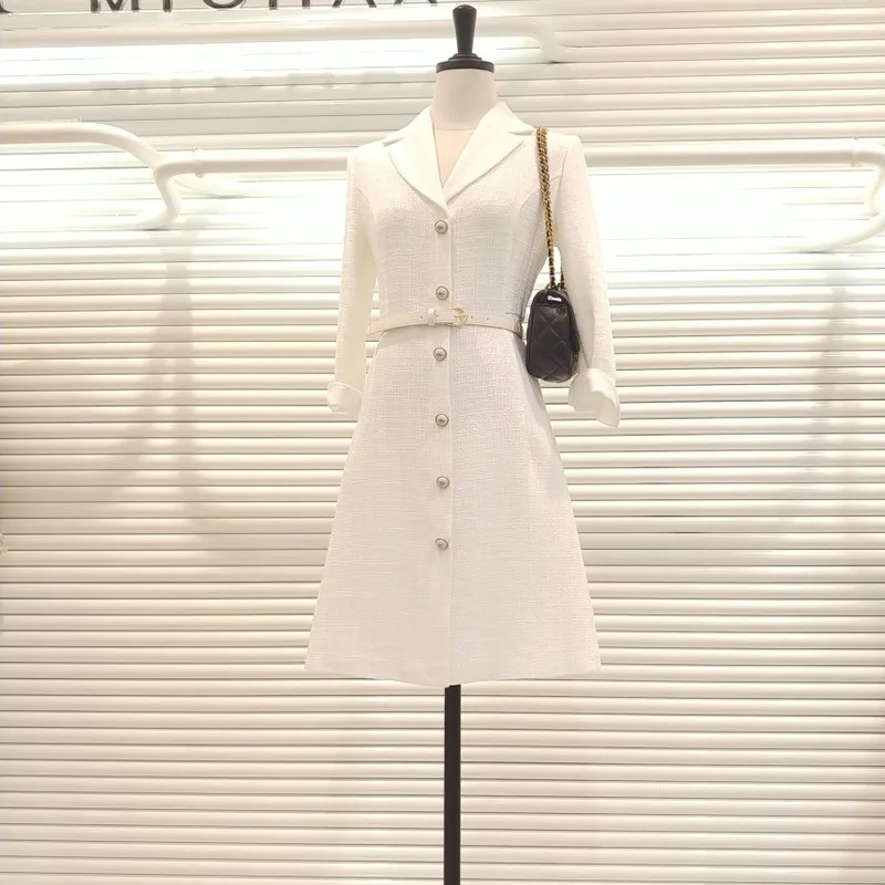 

2019 Autumn New Dress Waist-length Long-sleeved Dress Small Fragrance Wind Single-button Edgy Collar A-word Dress Women