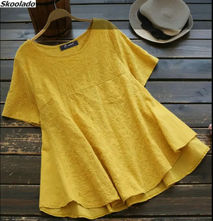 

summer Cotton Linen Blouse Women short Sleeve Split Hem Solid Shirt Casual Loose Work OL Tops Robe Femme Party high quality fashion lady wear tops
