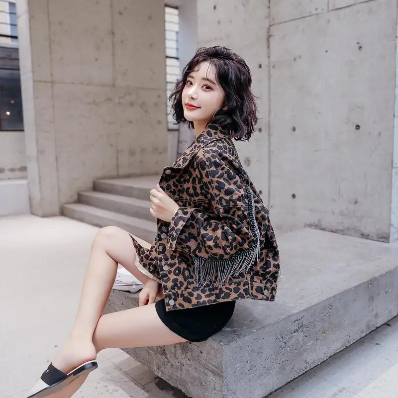 Net Red Tassel Leopard Print Jeans Coat Women's Short Style 2020 Autumn New Korean Fashion Loose Student Jacket |