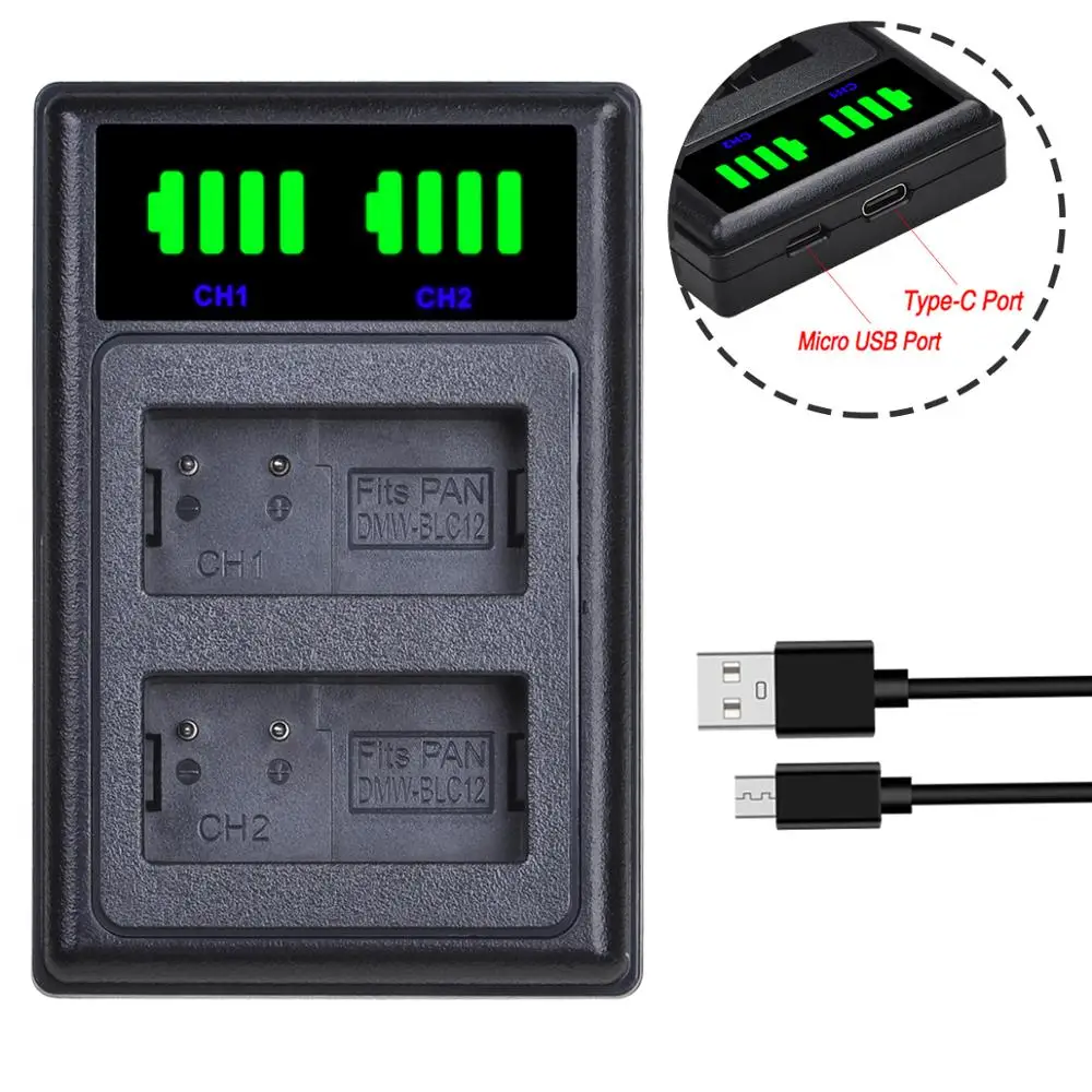 Batmax Dmw-Blc12 Blc12E Nuovo Caricabatteria Doppio Led Per Panasonic Dmc-Fz200,Fz300,Fz1000,Fz2500,G5,G6,G7,Gx8