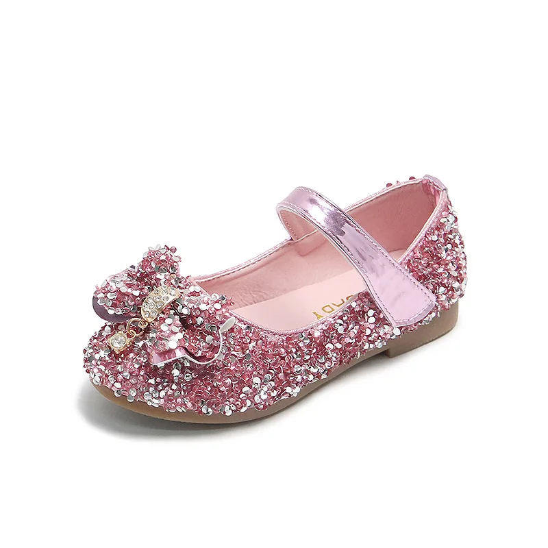 Princess Girls Shoes Sweet Kids Glitter Leather Shoes Bling Sequins With Bowtie Children's Dress