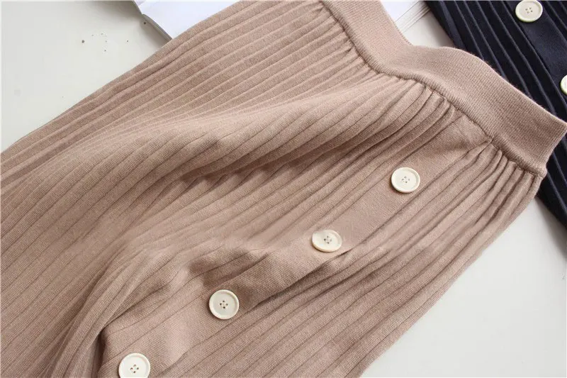 Осенне-зимние эластичные юбки с высокой талией для женщин s Faldas Mujer Moda Jupe вязаные плиссированные юбки женские тонкие юбки на пуговицах - Цвет: Хаки