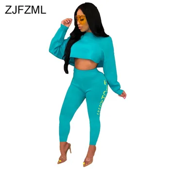 

Letter Printed Sexy Two Piece Sweatsuit Women O Neck Long Sleeve Crop Top And Bodycon Pant Suit Streetwear 2 Piece Matching Set