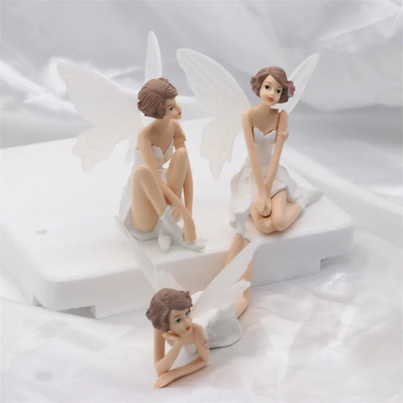 3pcs/set Resin Flying Flower Fairy DIY Miniatures White Angel Flower Figurines Home Decoration Gifts Car Cake Decor Ornaments