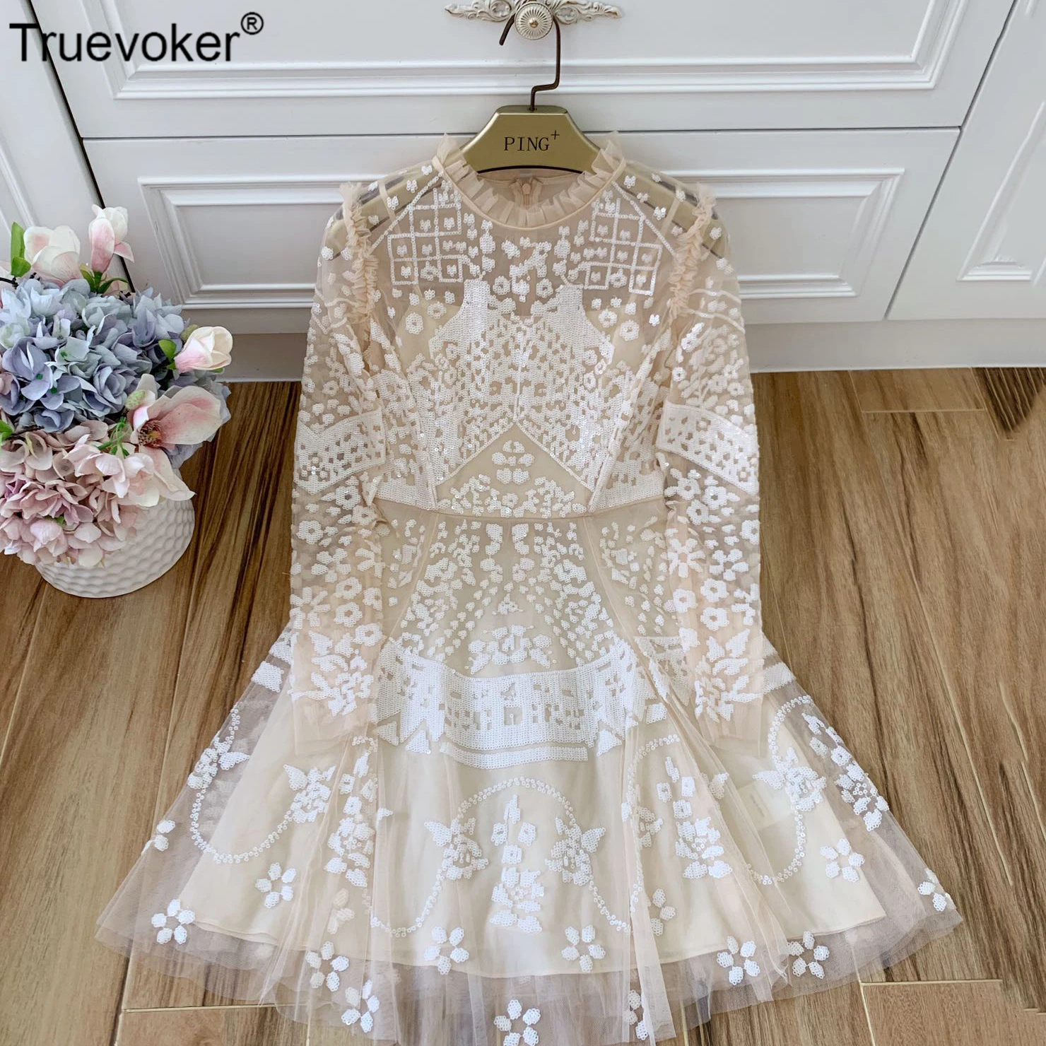 Truevoker Подиумные модные платья женские с длинным рукавом сексуальные обнаженные прозрачные кружева блестками свадебное праздничное платье Femme Ete Sequins Vestido