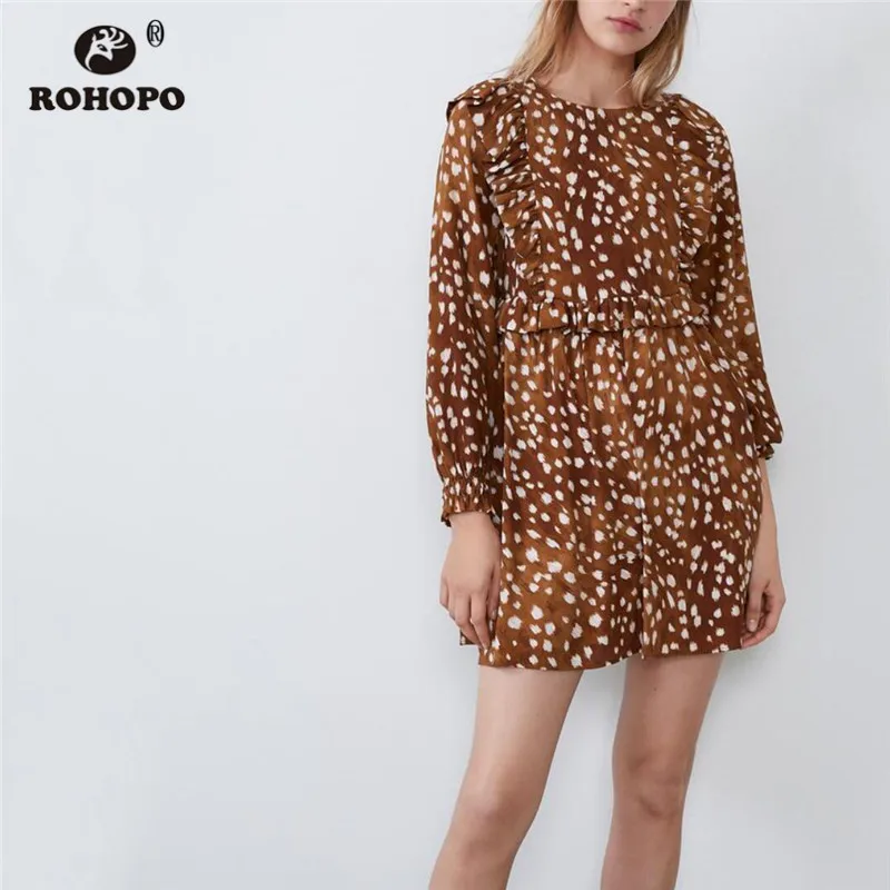

ROHOPO Round Collar Animale Printed Yellow Mini Dress Front Ruffled Puplum Pleated Female Autumn Maxi Retro Vestido #1478
