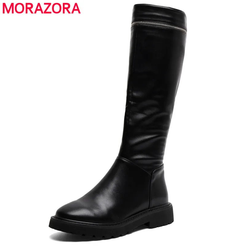 

MORAZORA 2020 new fashion genuine leather knee high boots comfortable low heel round toe women boots big size 33-46