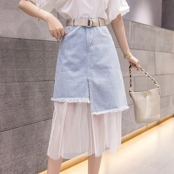 

Plus Size Denim Maxi Skirt 5XL Jean Skirts Women A-line Lace Stitching Long Mid-Calf Empire Japanese Streetwear Fashion Loose
