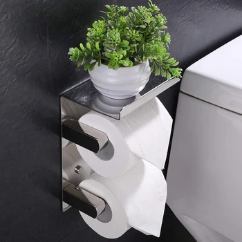 

Double Roll Toilet Paper Holder Wall Mounted with Shelf, SUS 304 Stainless Steel Bathroom Accessories Tissue Roll Dispenser Stor