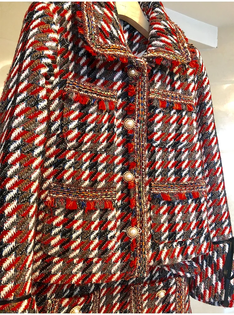Autumn Plaid Tweed 2 Piece Set Winter Women Elegant Flare Sleeve Pearl Button Jacket Coat+High Waist Wool Mini Skirt Suits