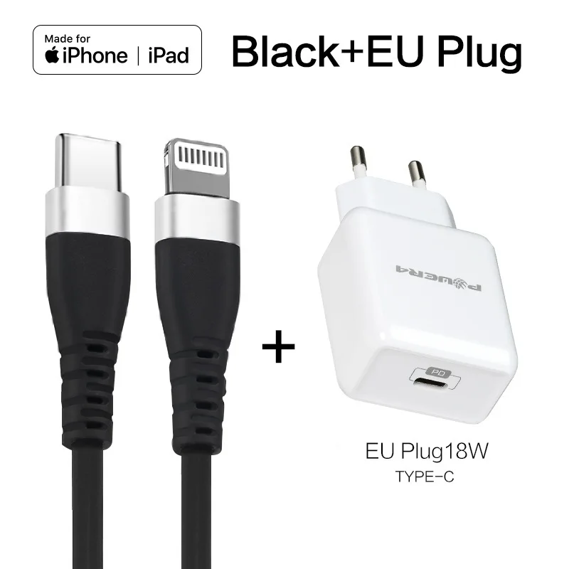 Мощность 4 MFi 2 м 18 Вт Lightning Кабель для usb type C PD Быстрая зарядка кабели для iPhone 11 Pro X XS 8 XR с ЕС адаптер питания USB-C - Цвет: Black PD18W Bundles