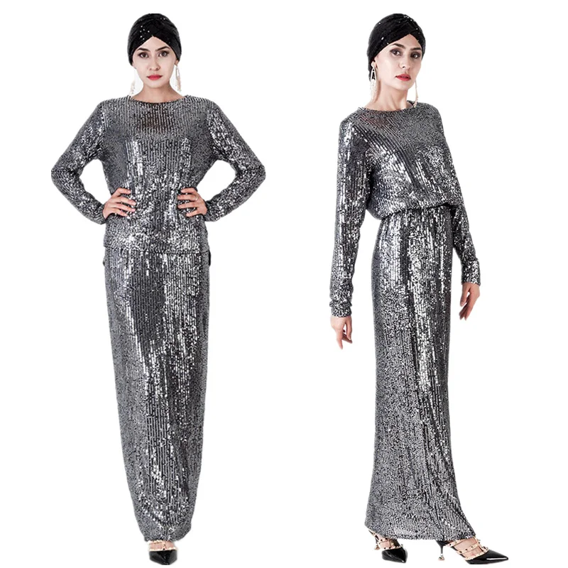 

Dromiya Muslim Women Sequins Two Pieces Set Dress Abaya Islamic Kaftan Jilbab Tops Skirt Party Luxury Tops+Skirt Arab Full Cover