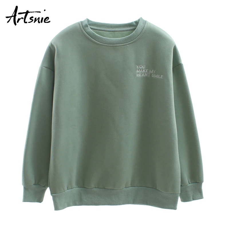 

Artsnie letter embroidery cotton women sweatshirt autumn winter o neck long sleeve hoodies streetwear casual sweatshirts mujer