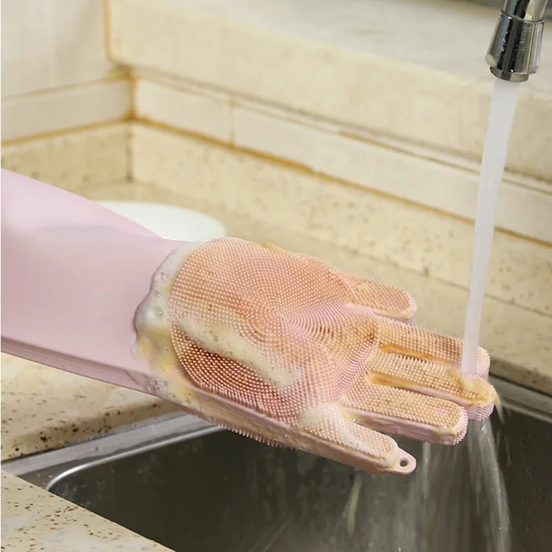 Силиконовые блюда перчатки для чистки 1 пара пищевого класса перчатки для мытья посуды с щетка для чистки, мытья домашнего хозяйства